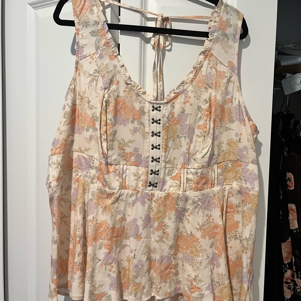 Torrid Floral Lace-Up Tank Top - Cream, Orange, Purple